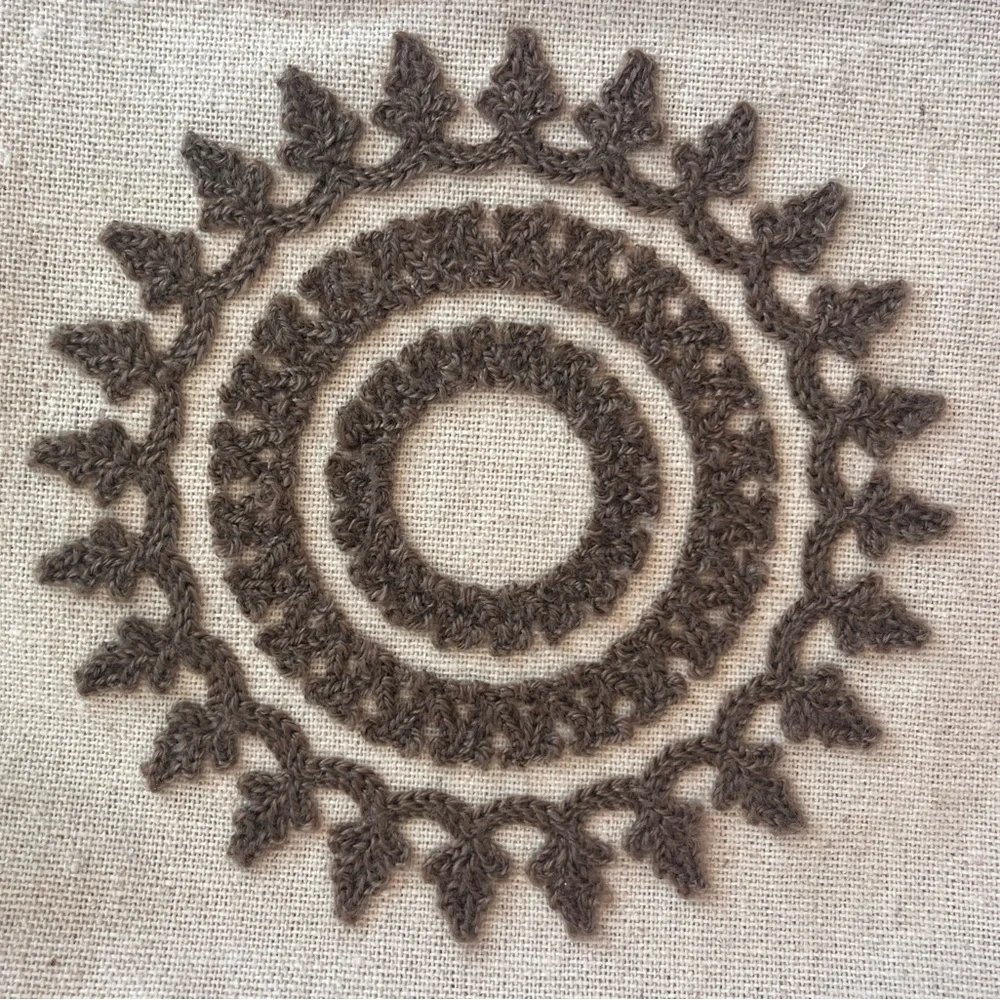 Linen Pillow Cover with Embroidered Brown Circular Patterns, 12” x 20”